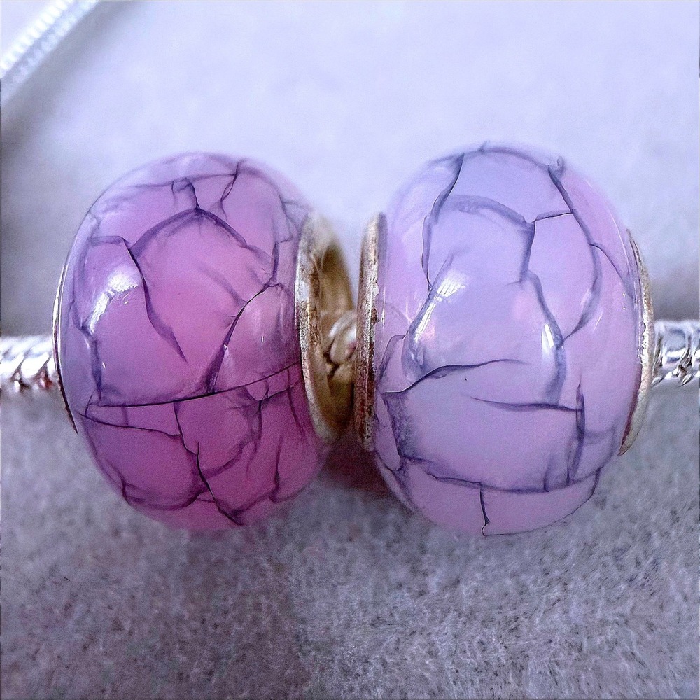 2 PCs Purple Crackle Glass Charm Beads fits PANDORA